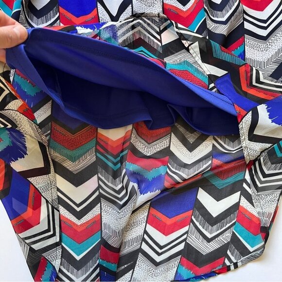 Dex Hi Low Dress Chevron Key Hole Back Lined Striped Blue Red Black Party Sz M - Picture 12 of 15